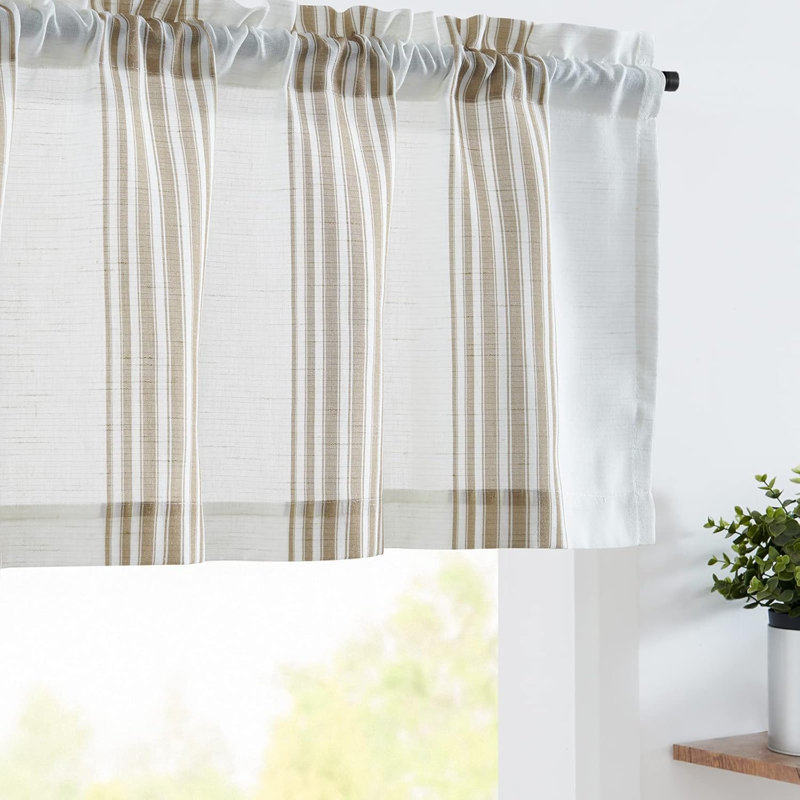 Striped Linen Valance Curtain 16 Inch Vertical Striped Valance For Kitchen Bathroom Light Filtering Window Treatment Rod Pocket Farmhouse Rustic Semi Sheer Short Window Curtain 1 Panel