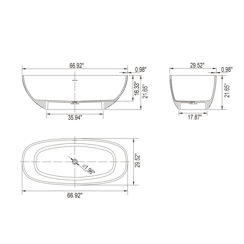 Baignoire autoportante à surface solide avec drain escamotable 66,8 po x 29,5 po Cove