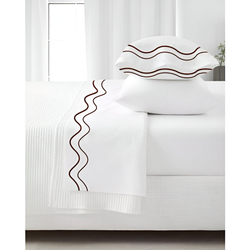 Double Wavy Embroidered Cotton 4 Piece Sheet Set Fitted Sheet Fits Upto 16" Deep Pocket, Chocolate Border