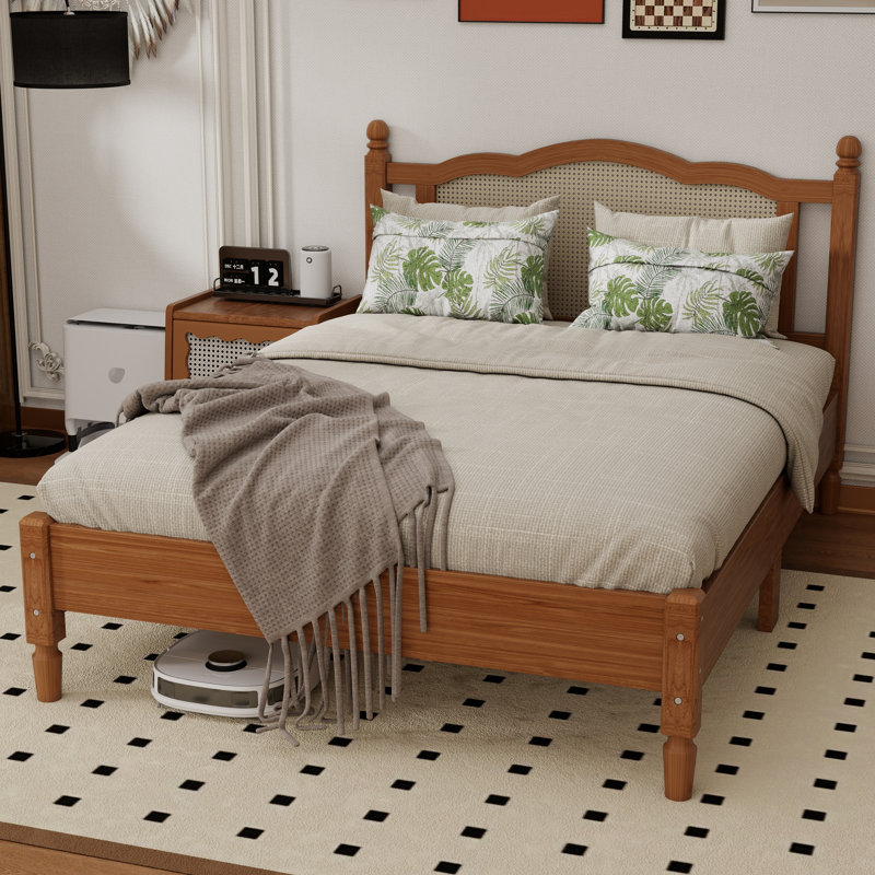 Wooden Platform Bed With Natural Rattan Headboard, Vintage Bed Frame With Wooden Slat Support, Walnut, Full