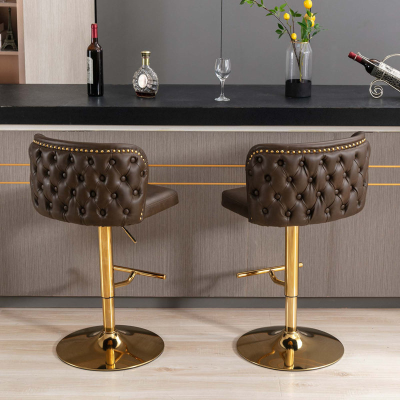 Jeneanne Upholstered Adjustable Height Counter Stool, Brown Leather, Gold