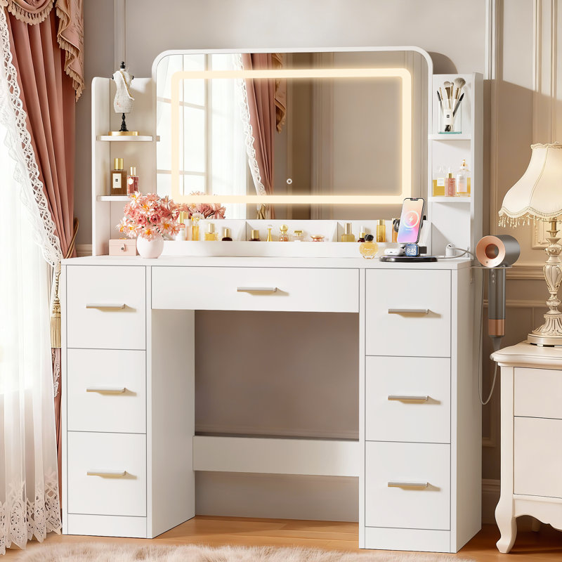 Makeup Vanity Desk with Adjustable LED Lighted Mirror, Built-in 20W Fast Charging Station, 7 Drawers & 3 Adjustable Storage Shelves, Modern Dressing Table for Bedroom Dressing Room