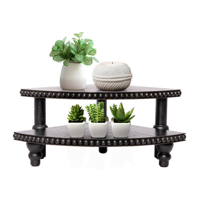 2 Tier Corner Pedestal Stand Rustic Decor Riser For Display - Farmhouse Wood Beaded Jabarrie Kitchen Bathroom Countertop Organizer For Coffee Bar, Plant Stand, Black Stackable Corner Shelf