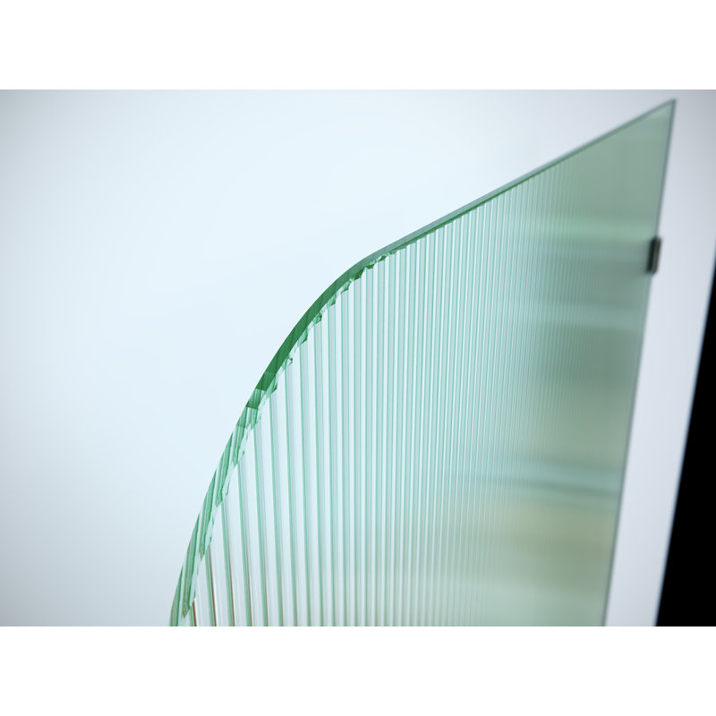 Aurora 34 in. x 58.25 in. Frameless Fluted Radius Single Fixed Bath Panel, Satin Brass, Right Hand
