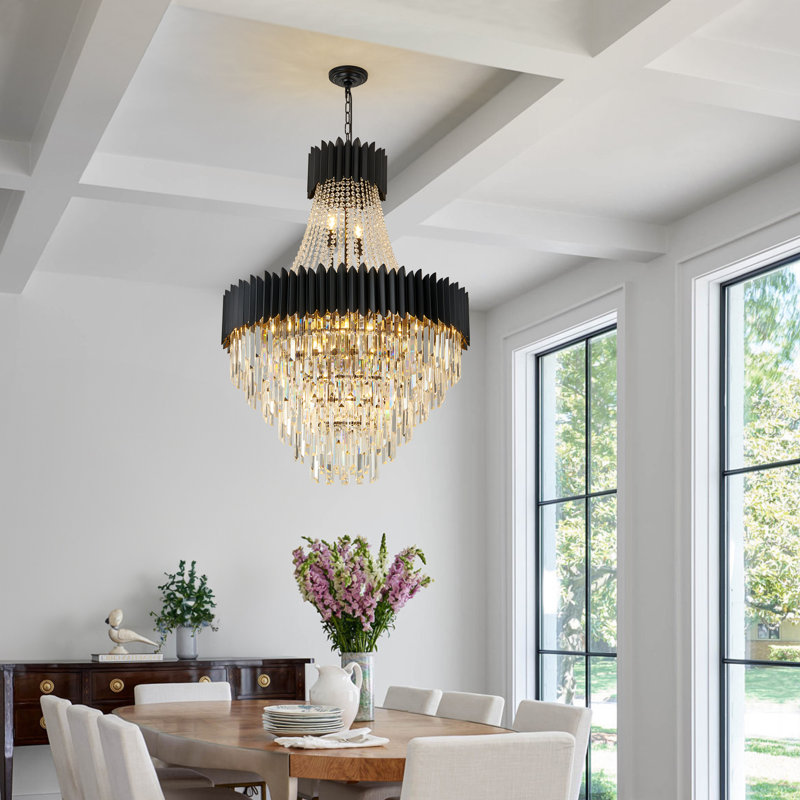 19-Lights Black Round Modern Two-storey Crystal Chandelier, 30.3 Inches in Diameter, Adjustable Suspension Height