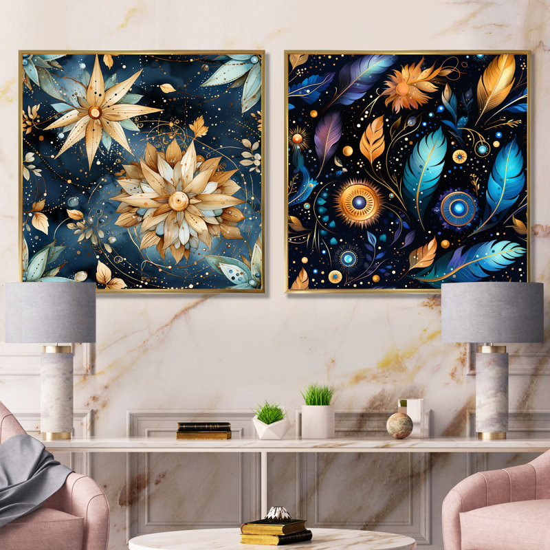 Decimus - Ensemble de 2 reproductions d'art sur toile abstraites, Cadre doré, H 16 po x l 33 po x P 1 po