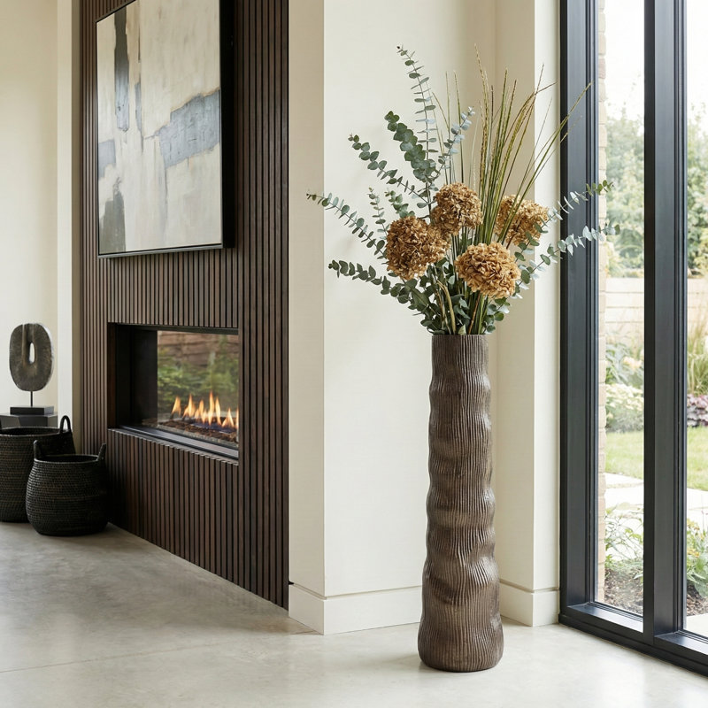 Cylindrical Silhouette Metal Tall Vase for Home Tabletop Decor - Table Flower Vase Accent for Entryway or Living Room Floor Display - Brown