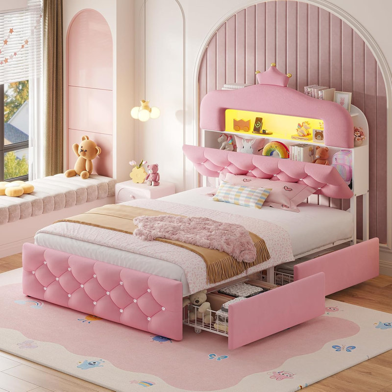 Upholstered Led Bed Frame With 4 Storage Drawers And 2-Tier Storage Bookcase, Velvet Princess Platform Bed For Kids/Girls, Headboard With Charging Station & Crystal Button & Crown