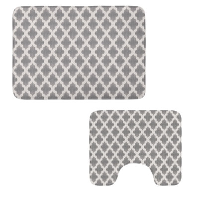 Grey and White Bathroom Rug Set 2 Pieces Rectangle & Contour Mats Dimgrey and White