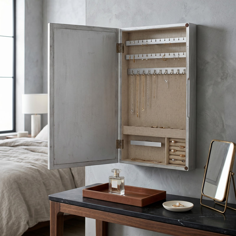 Porte-bijoux mural avec miroir de rangement, Argent