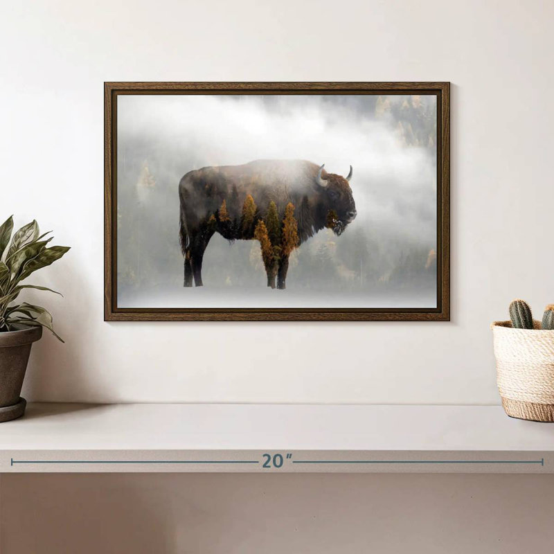 Bison de la forêt de pins, 13 po x 9 po, Cadre flottant noyer
