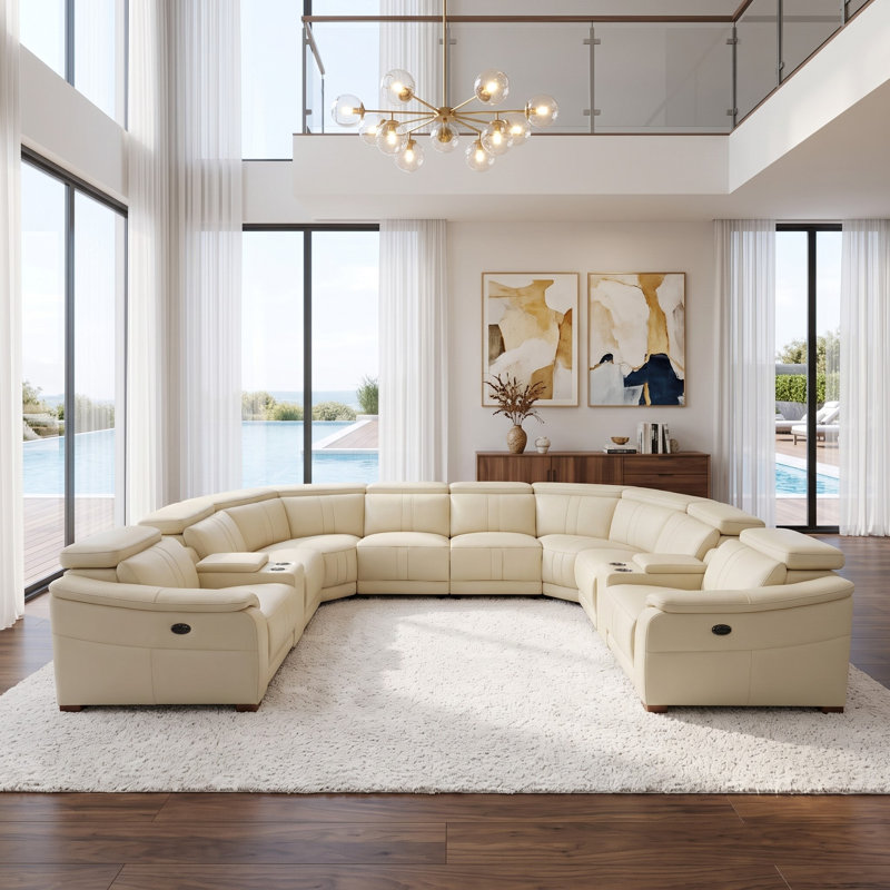 Mietoon Leather Match Large Seating Power Recliner Sectional, White Leather Match