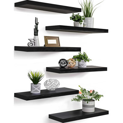 Wood Floating Shelves For Wall, Set Of 6 Rustic Modern Shelves For Bedroom, Living Room, Or Office, Easy To Install With Included Hardware