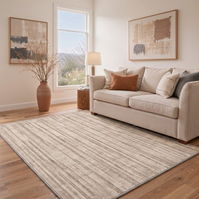 Tapis beige / gris rayé lavable à la machine avec envers antidérapant