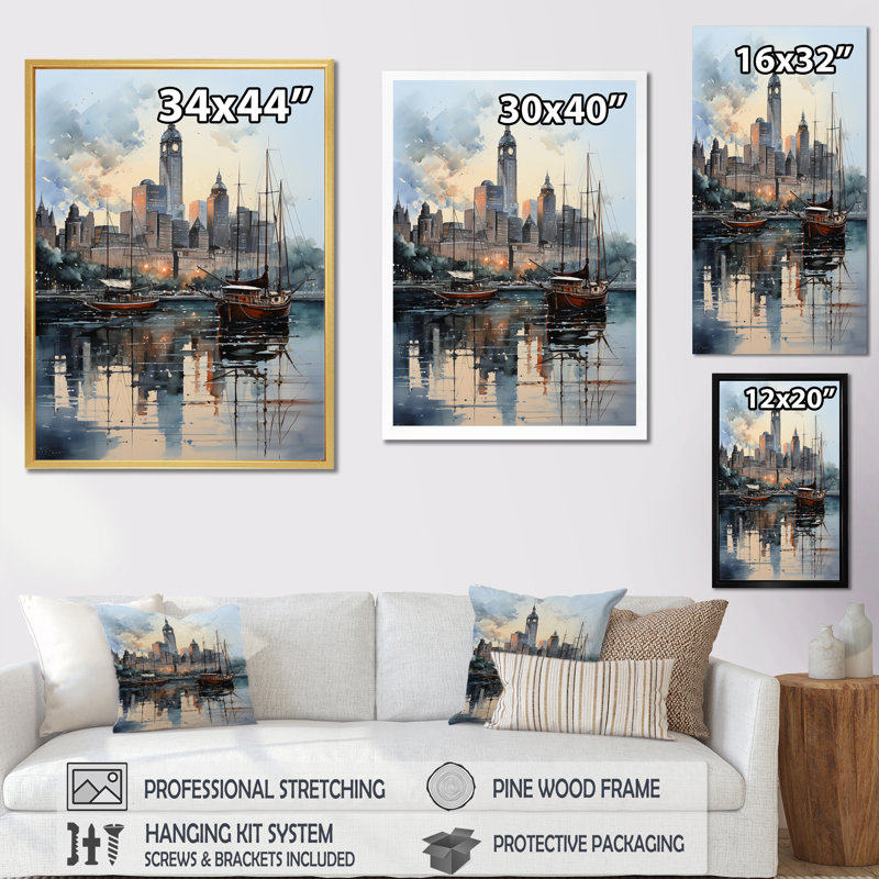 Impression sur toile Laquita New York Harbor Twilight, H 32 po x l 24 po x P 1 po, Encadrement doré
