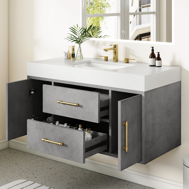  40" Single Bathroom Vanity With Engineered Quartz Top And Ceramic Sink, Gray