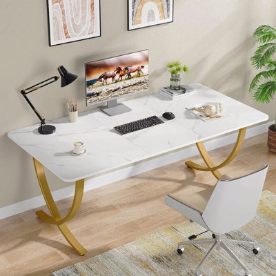 Executive Office Desk – Modern Computer Desk with Faux Marble Tabletop, Large Conference Table for Home Office or Meeting Room