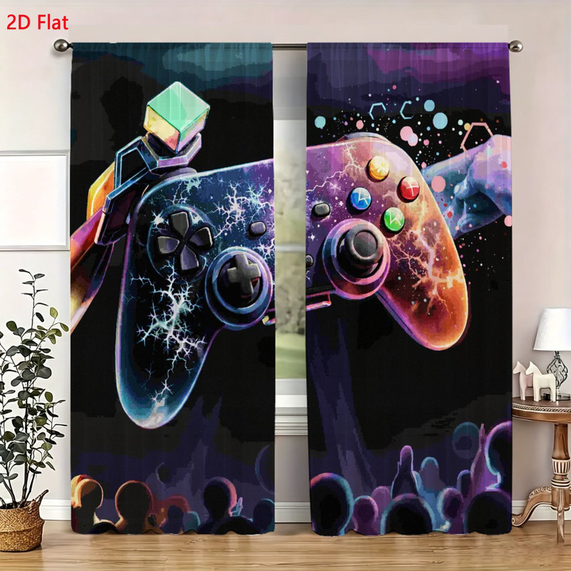 2 Piece Window Curtains Set Gaming Theme Controller Print Room Decor Aesthetic Colorful Joystick Pattern Window Drapes Panels for Kids Teens Bedroom Living Room Decor