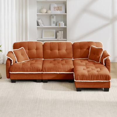 Chenille Cloud  L-Shaped Sofa with 4 Pillows, Movable Ottoman Pom-Pom Trim Quilted Tufted Cushion Ergonomic Design, Easy Assembly Deep Seat Couch for Living Room Office, Apartment, Green