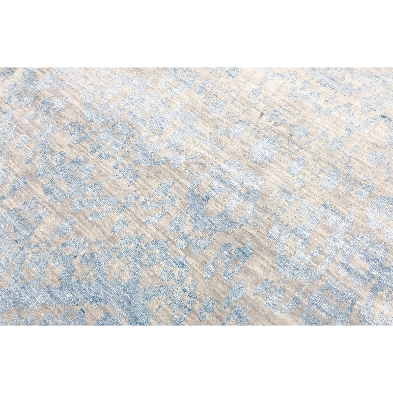 Tapis argenté et bleu clair noué à la main de haute qualité