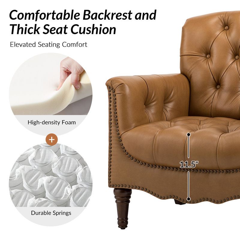 Fauteuil en cuir capitonné Annja, Cuir fleur camel