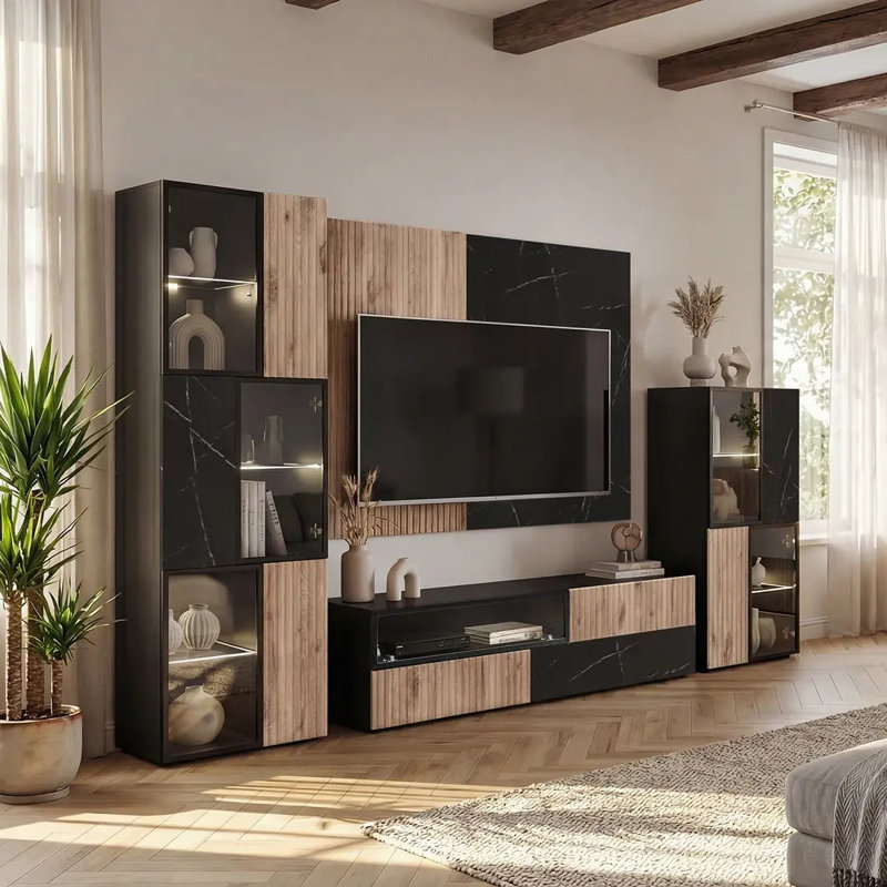 Cannes 160cm TV Wall Panelling Black Marble Oak Vicking