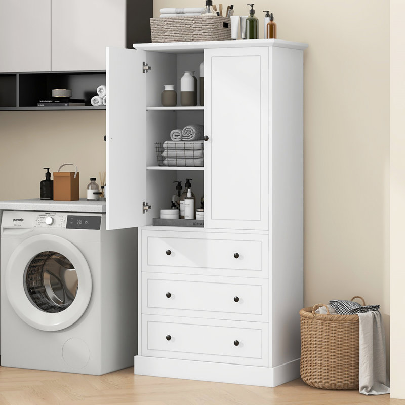 Armoire de rangement autoportante pour la salle de bain avec portes et 3 grands tiroirs, tablettes réglables, grande tour à linge pour serviettes et articles de toilette, rangement moderne blanc pour la salle de bain