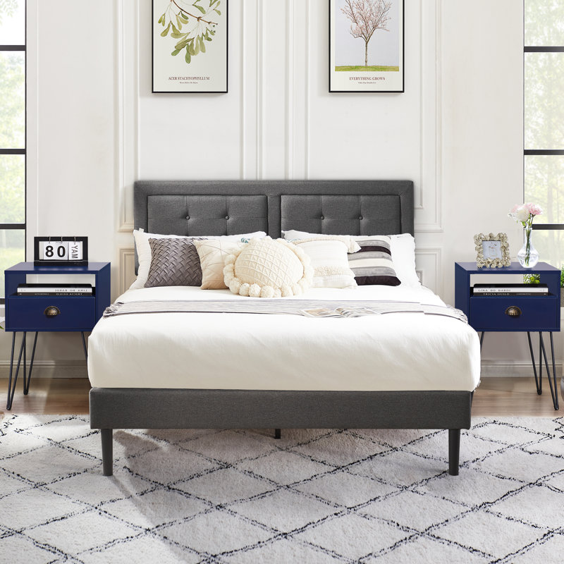 Ensemble de chambre à coucher 3 pièces avec base de lit tapissier Kempst, Bleu foncé, Double