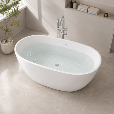 Baignoire autoportante ovale en acrylique de 165 cm (65 po) avec bonde centrale et trop-plein intégré, blanc mat