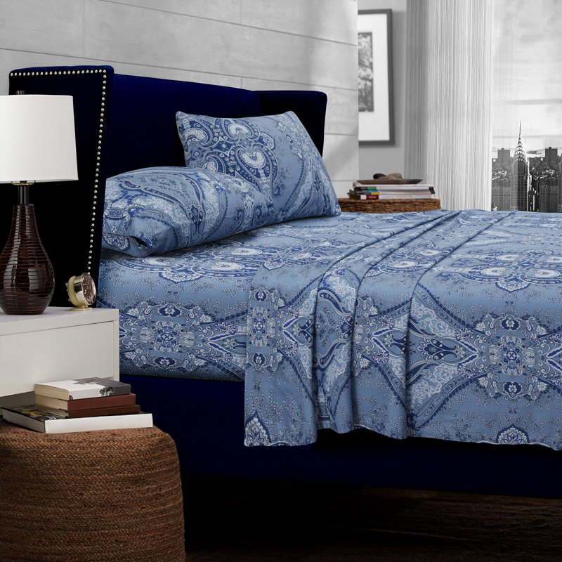 Atlantis 300 Thread Count Paisley 100% Cotton Sateen Sheet Set, Full Sheet Set + 1 Fitted Sheet + 1 Pillowcase