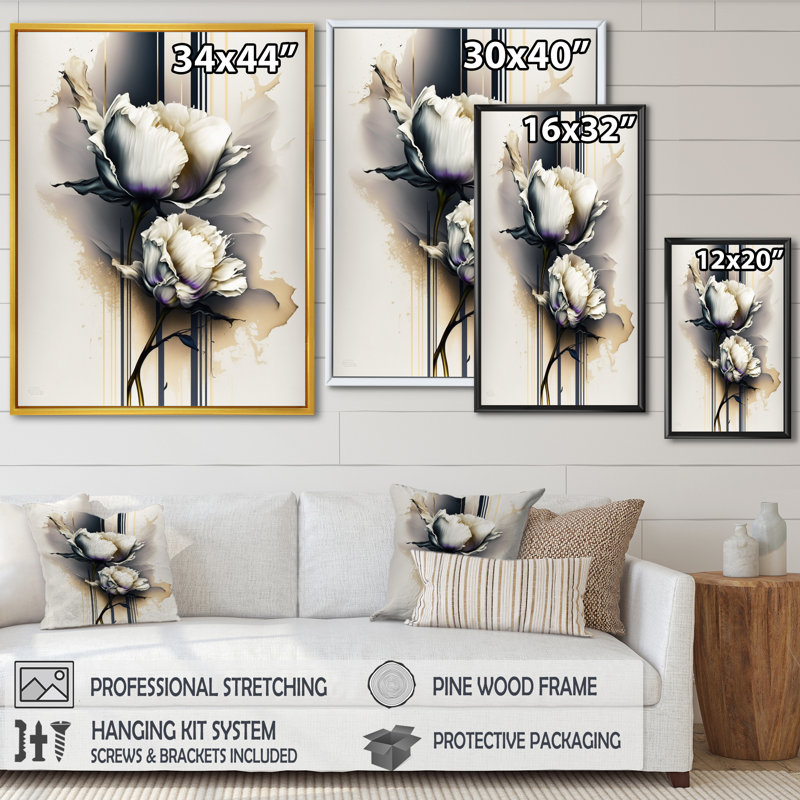 Peinture de pivoines blanches sur fond beige doré - Peinture sur toile, H 32 po x l 24 po x P 1 po