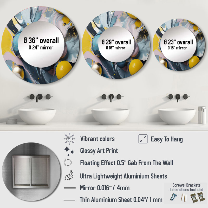Radimir Yellow And Blue Fluid Stone I - Marble Unique Mirror, Modern Large Round Wall Mirror, Printed Metal Art, 36" x 36"
