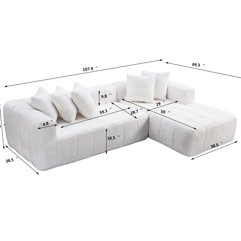 Canapé moderne en L 107,9 po en forme de L, canapé 4 places blanc rembourré pour chambre à coucher, assise profonde et agencement flexible, canapé modulaire à assise souple, configuration, coussins