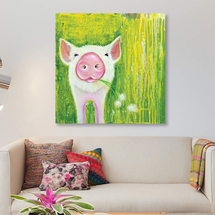 Cochon par Michelle Faber, reproduction d'art graphique sur toile, H 26 po x l 26 po x P 1,5 po, Pas de tapis, Toile tendue