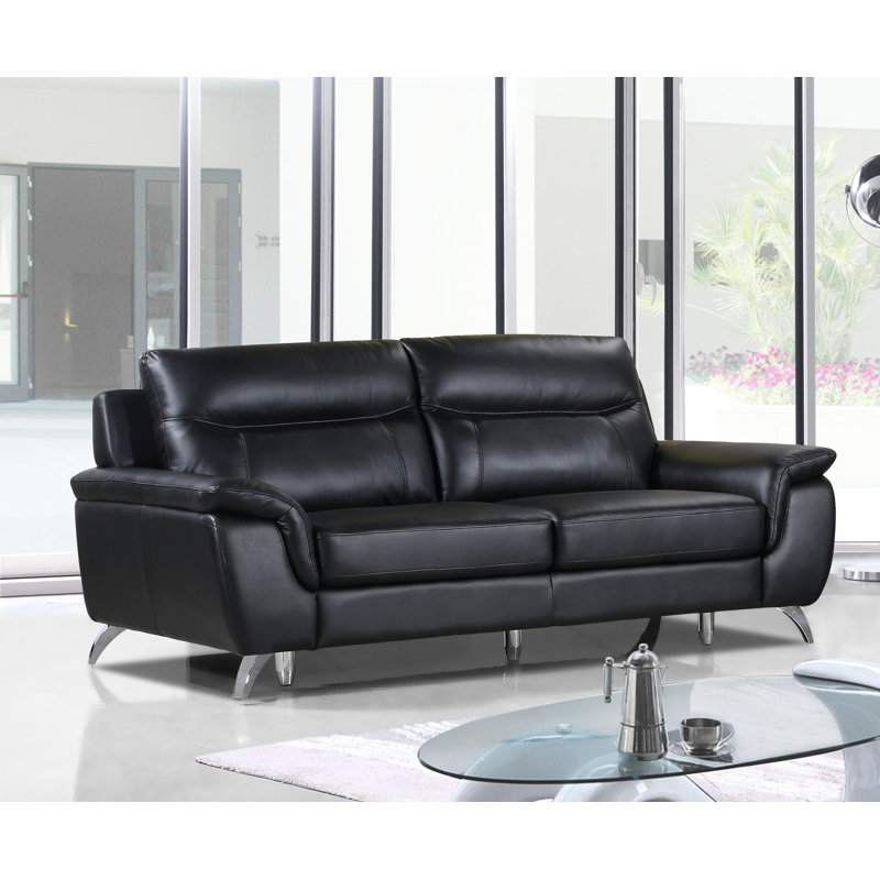 Chicago Genuine Leather Sofa, Black 79", Black Genuine Leather