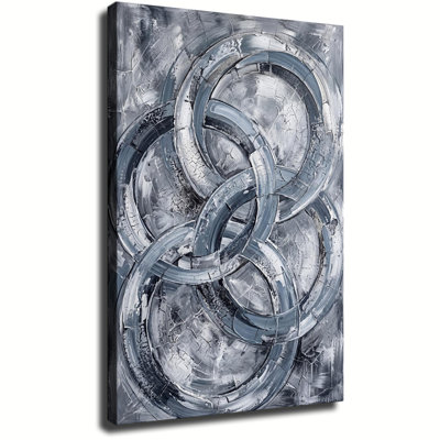 Grey Interwoven Rings Textured Abstract Impasto Canvas Art, Wrapped Canvas, Ready to Hang