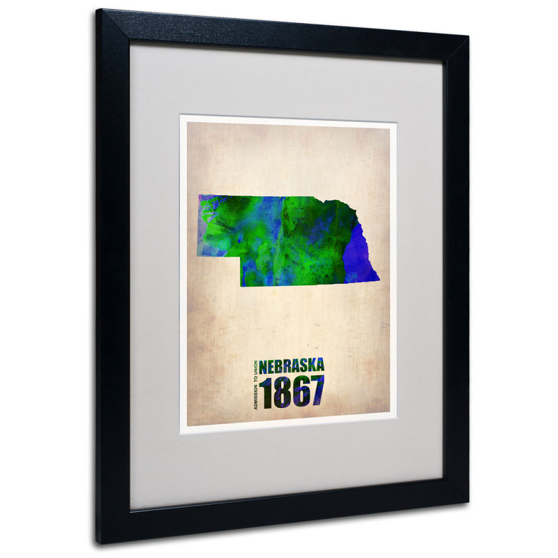 « nebraska aquarelle map »-cadre photo, reproduction d’impression sur toile, H 14 po x l 11 po x P 0,5 po, Noir
