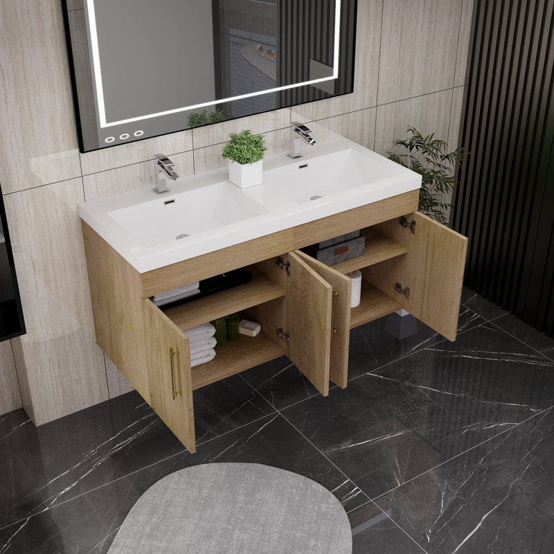 Boyu 47.1 " W Wall Mounted Wall Mounted 1 Single Double Vanity Bathroom Vanity With Acrylic Top, White Oak