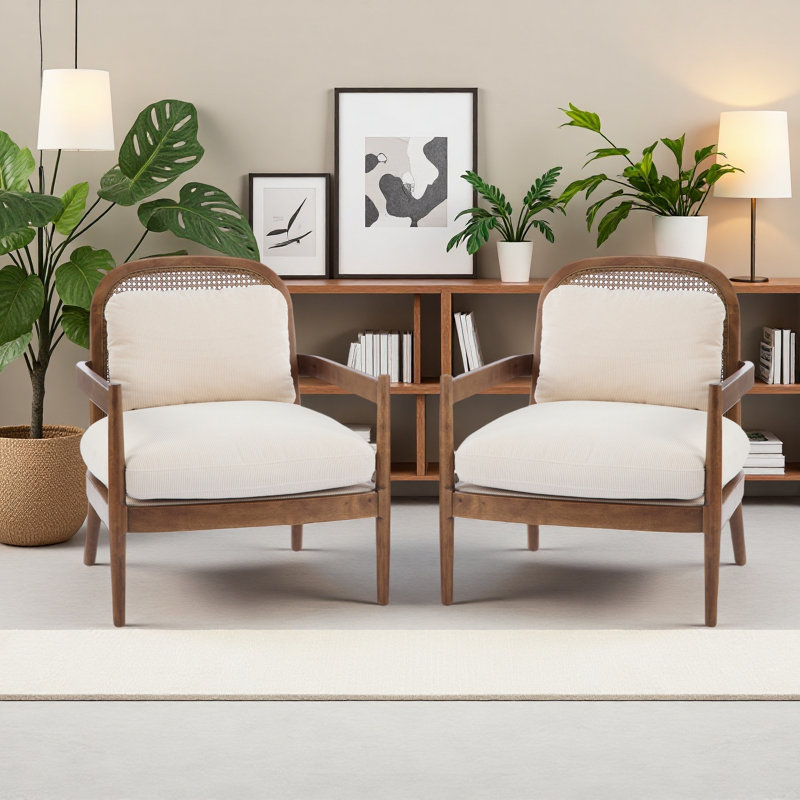 [Ensemble de 2] Chaise d'appoint Mid-Century moderne de 26,6 po avec structure en bois massif et dossier en rotin