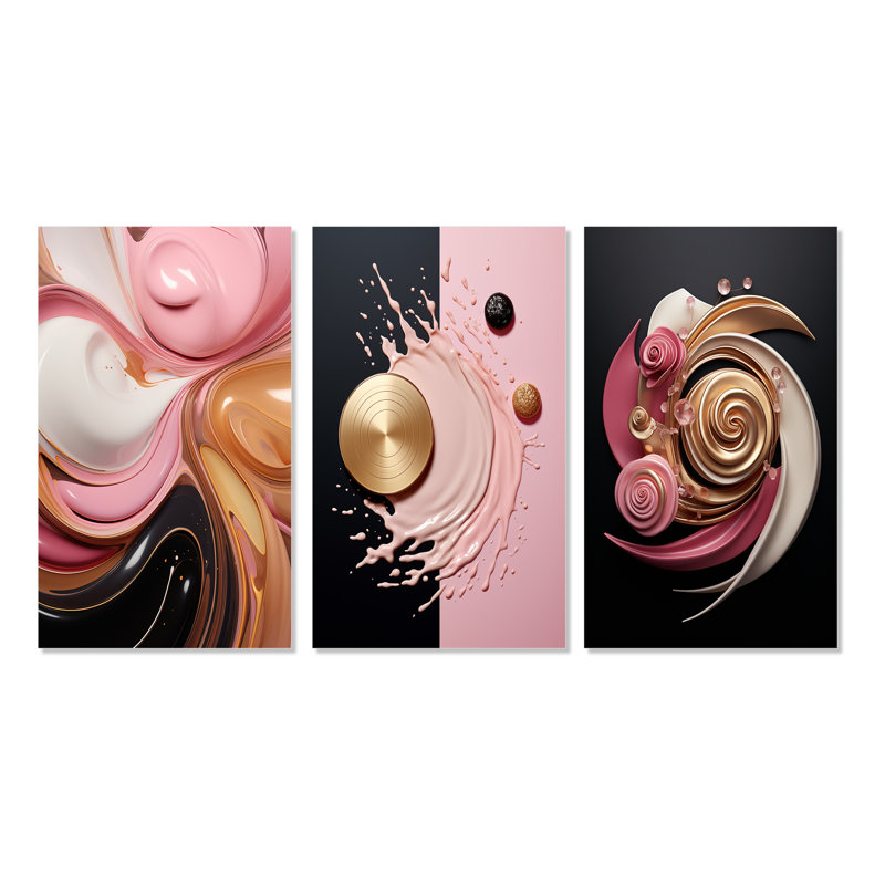 3 Pieces on Canvas - Retro Glam Liquid Minimal Art Pink White Black I, Wrapped Canvas, 20" H x 36" W