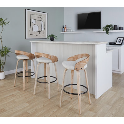 Tabouret de bar 30 po à hauteur fixe avec pivot en bois lavé blanc et tissu avoine avec repose-pieds rond en métal noir - ensemble de 2