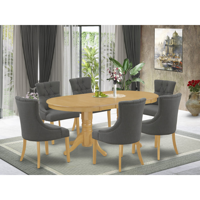 7 Piece Dining Table Set Consist of an Oval Kitchen Table with Butterfly Leaf and 6 Dark Gotham Linen Fabric Upholstered Chairs, Oak