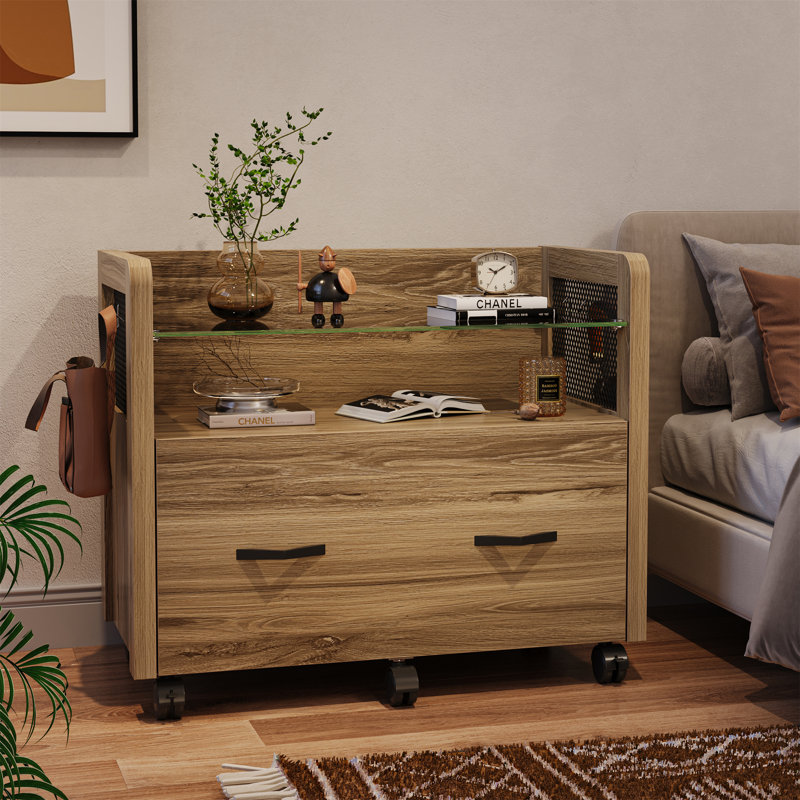 Preble Mobile File Cabinet with Drawer and Hooks, Natural