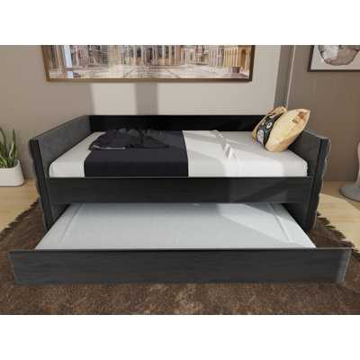 Lit de jour moderne avec lit gigogne, canapé-lit en velours noir rembourré avec accents dorés, lit d'invité peu encombrant pour chambre à coucher ou salon (ancien SKU: W1867S00004)