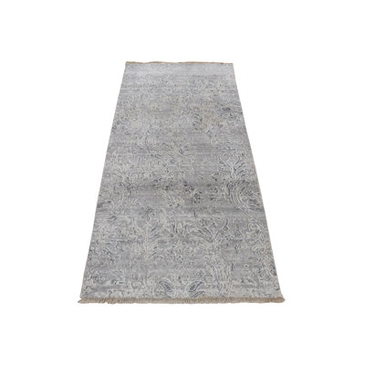 2'7"x5'10" Grey Hand Knotted Damask Design Wool and Silk Runner Rug F60CBF1F1BC345A9948EF1644600FCD8