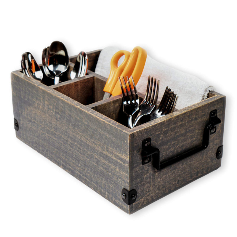 Porte-ustensiles à 4 compartiments, porte-ustensiles de coutellerie, range-ustensiles à argenterie avec porte-serviettes, plateau en bois de manguier lavé gris avec poignées en métal