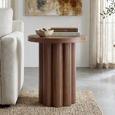 Olie 20" Wide Round Fluted Side Table in Satin Walnut