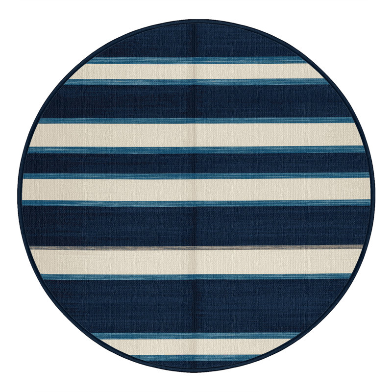 Washable Ink Blue White Striped Area Rug, Round 7'