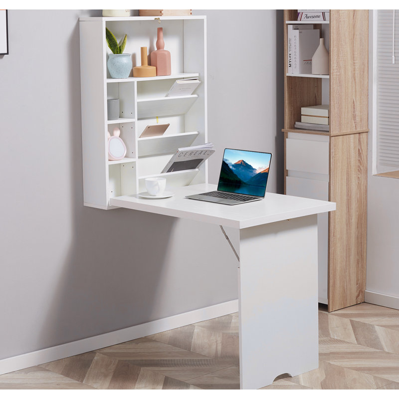 Wall Mounted Fold Out Convertible Desk, Multi-Function Floating Desk with Storage Shelf