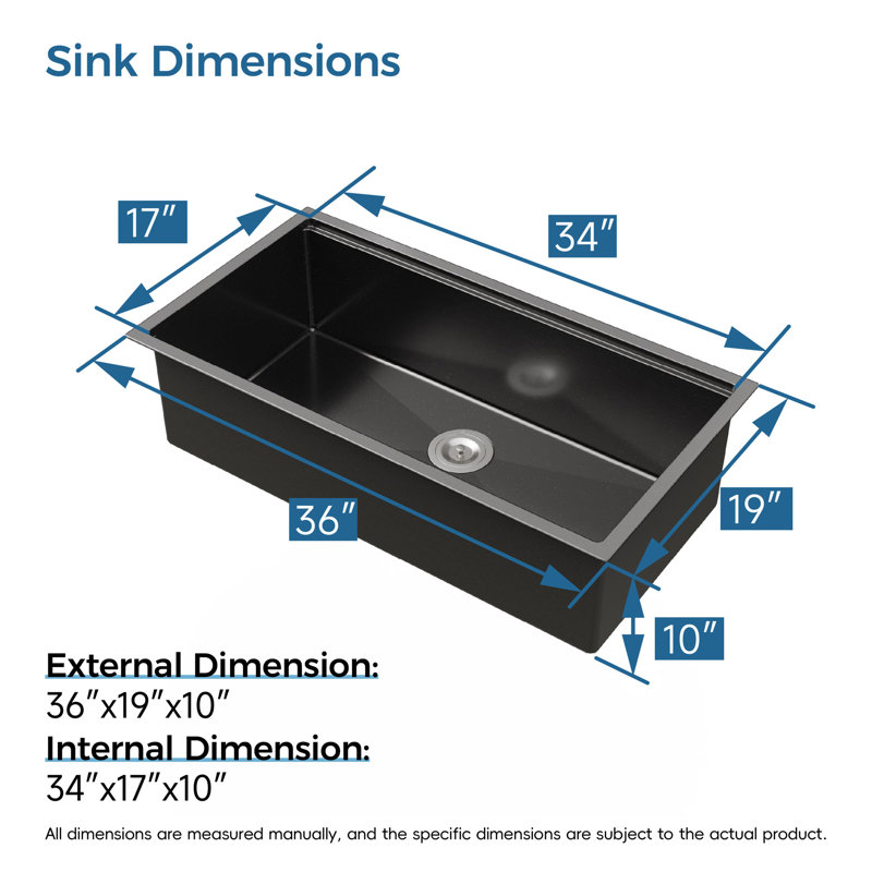 Évier de cuisine encastré à une cuve en acier inoxydable de 33 po / 36 po x 19 po, 36 po x 19 po x 10 po, Black